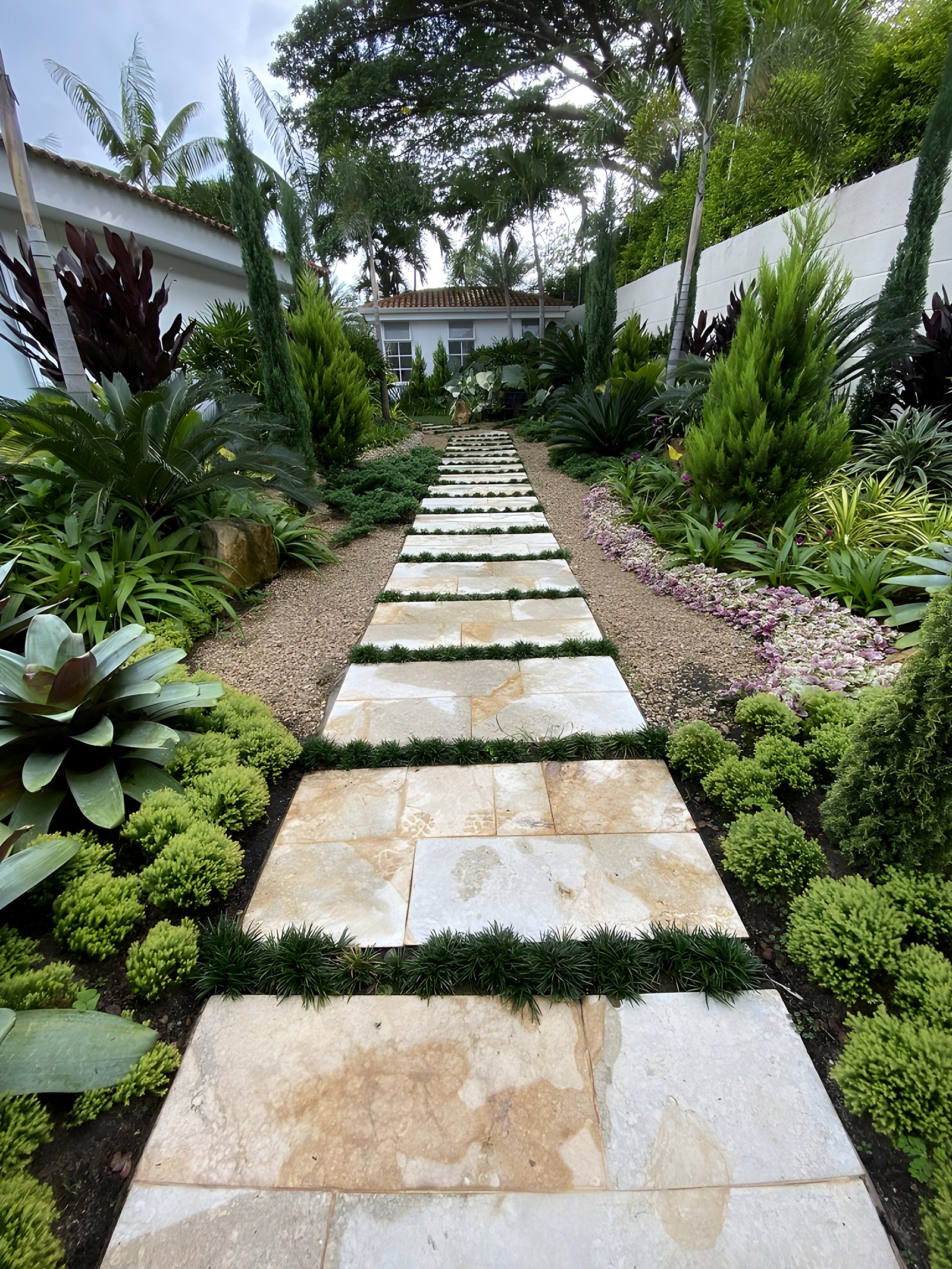 Sendero en piedra entre un jardín tropical